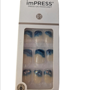 Kiss imPress Blue Silver Cream Glitter Short Square French Style False Nails